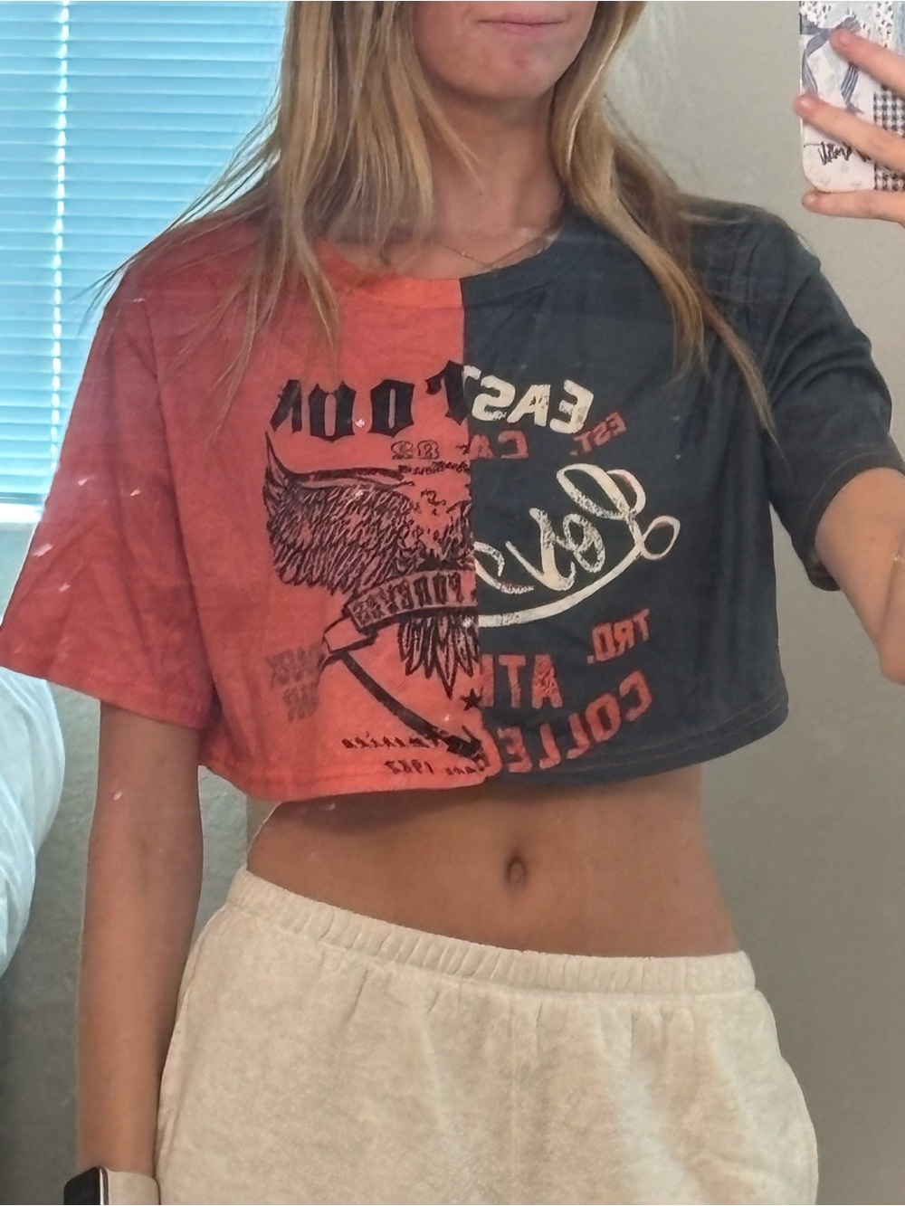 SHEIN Blue & Coral Graphic Colorblock Cropped Tee - Picture 4 of 4